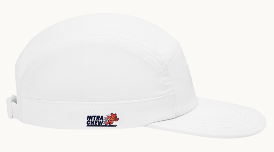 Side view image displaying IntraChew "Chew Crew" 5-panel ultralight dry wicking running hat for marathon training and racing.