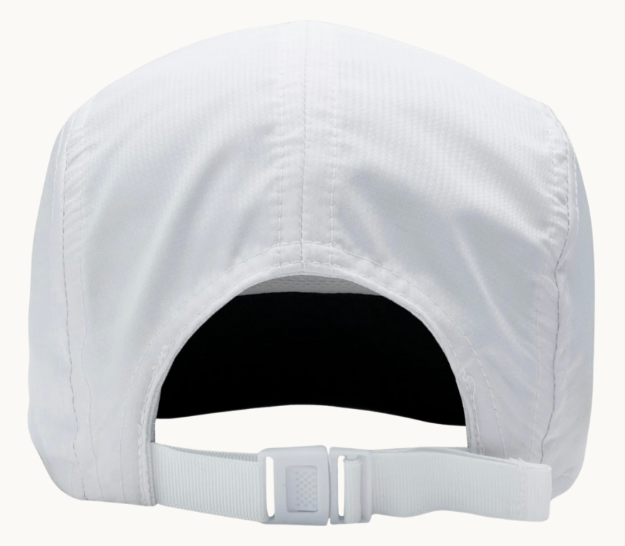 Back facing image displaying IntraChew "Chew Crew" 5-panel ultralight dry wicking running hat for marathon training and racing.