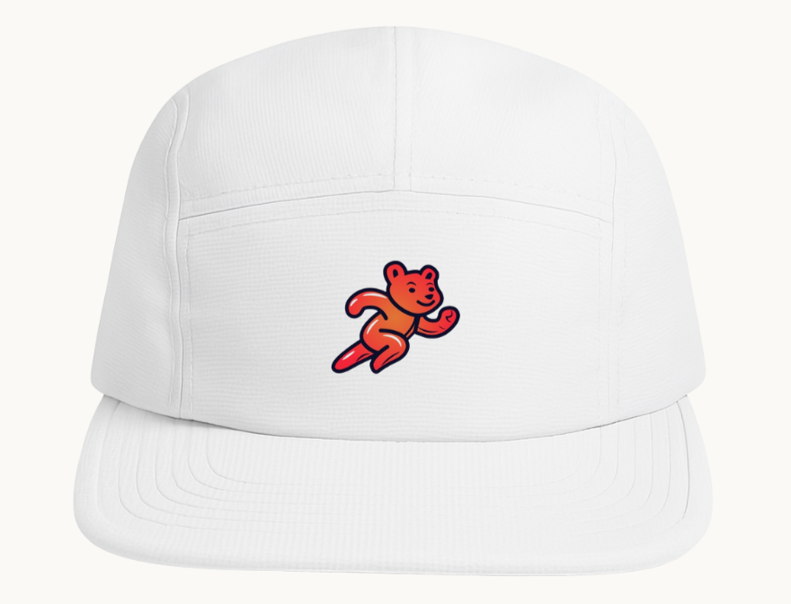 Front facing image displaying IntraChew "Chew Crew" 5-panel ultralight dry wicking running hat for marathon training and racing.