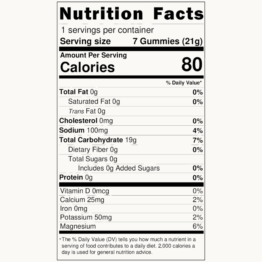 Nutrition facts label for energy chews, 80 calories per 7 chews serving.