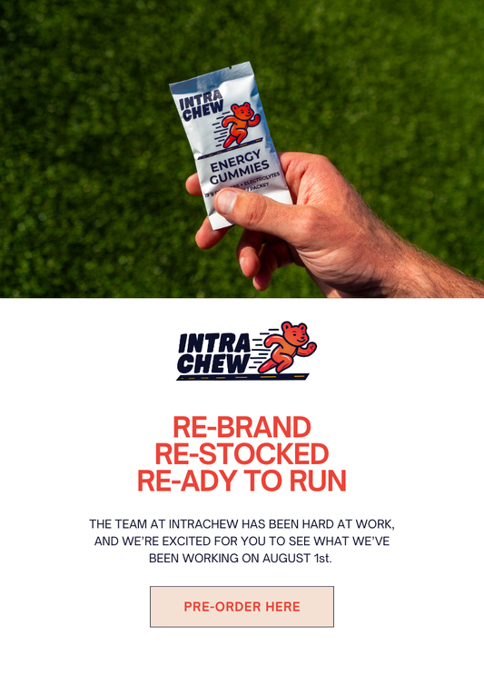 IntraChew rebranded, restocked, and ready to run.  Cover photo for IntraChew summer recap, detailing how we built the world's best performance gummy bear energy chew that keeps running fueled during marathon training.