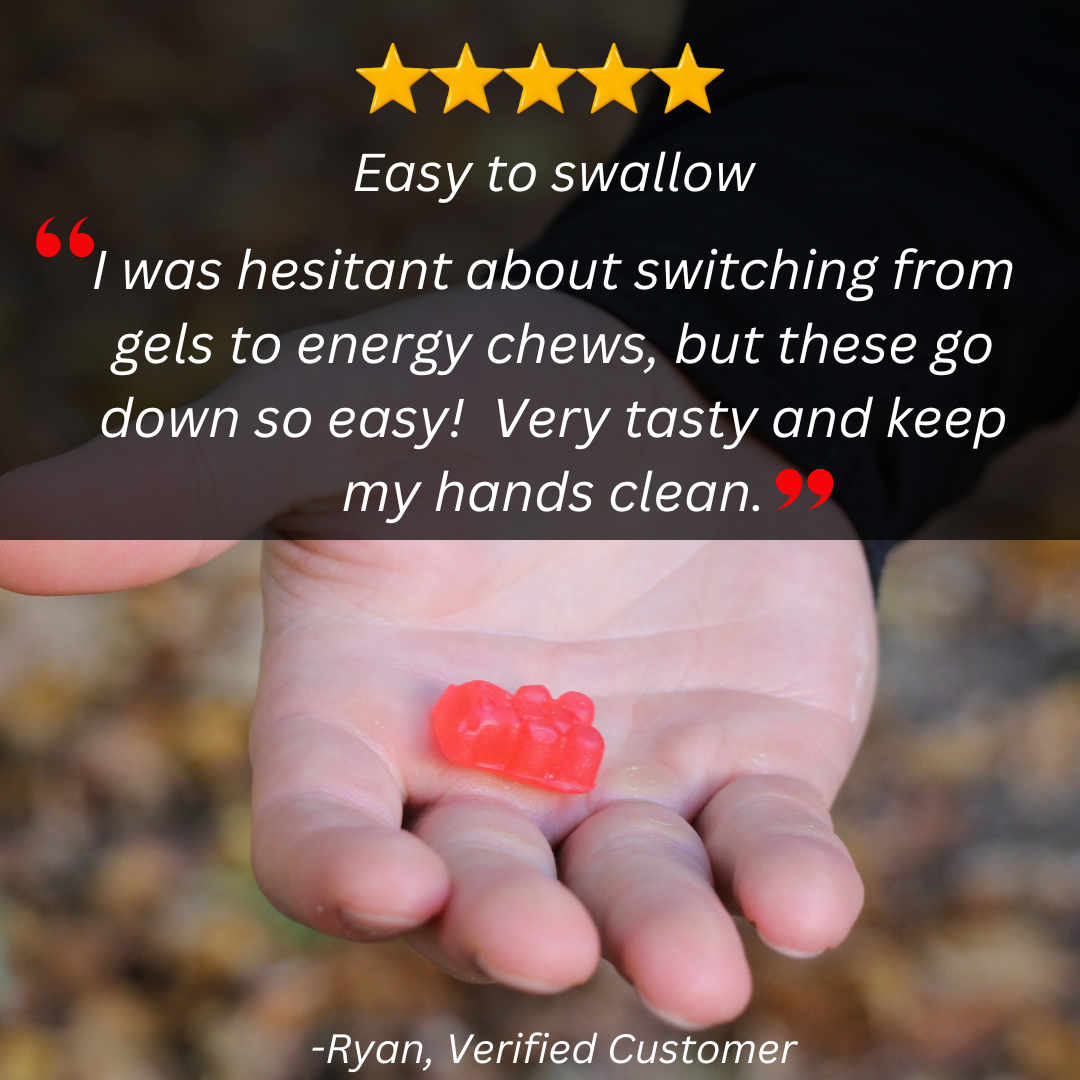 A positive review of IntraChew Energy Chews, highlighting how easy they are to chew and that there's zero mess. 