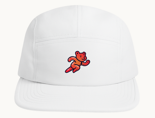 Front facing image displaying IntraChew "Chew Crew" 5-panel ultralight dry wicking running hat for marathon training and racing.