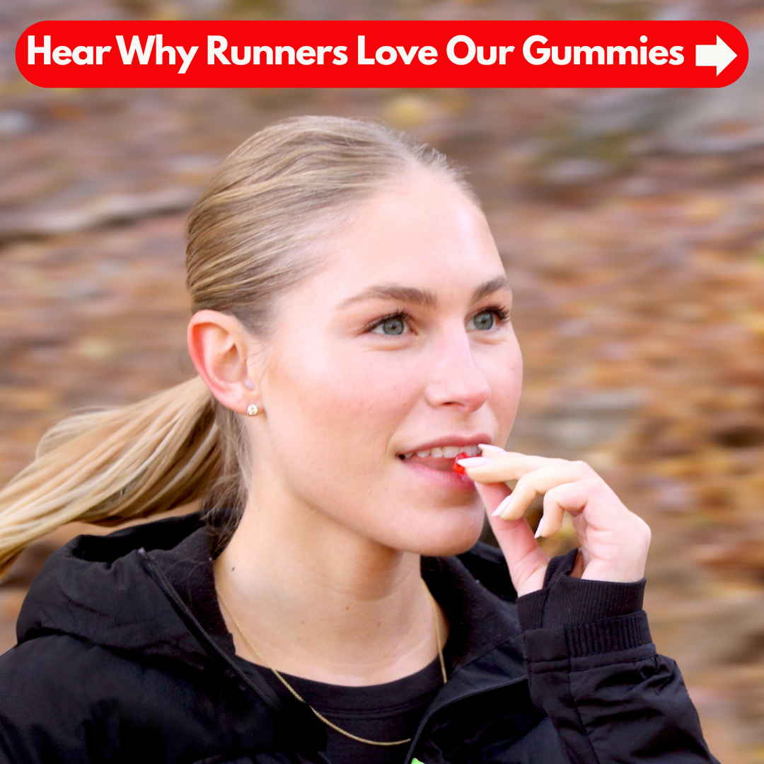 A close up of a woman running while eating an fruit smoothie flavoried Intrachew performance energy chew with text telling runners why they should use IntraChew for marathon training and distance running.